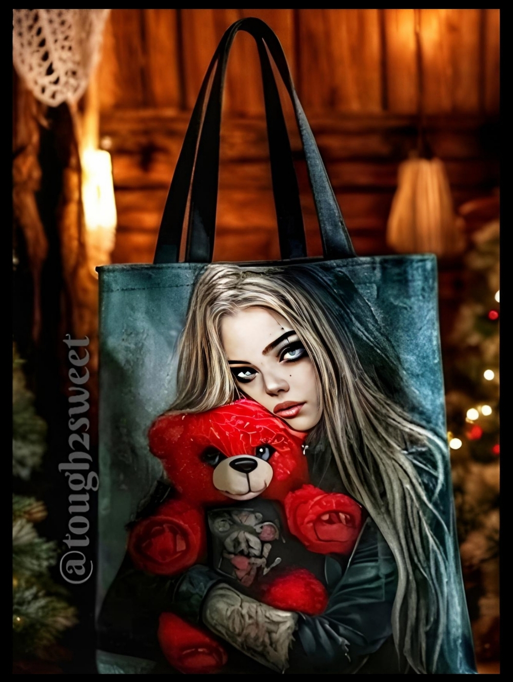 🆕️LAST 1❣️16" BY 14" GOTHIC TOTE BAG/GOTH GIRL WITH RED TEDDY BEAR GRAPHIC Y2K